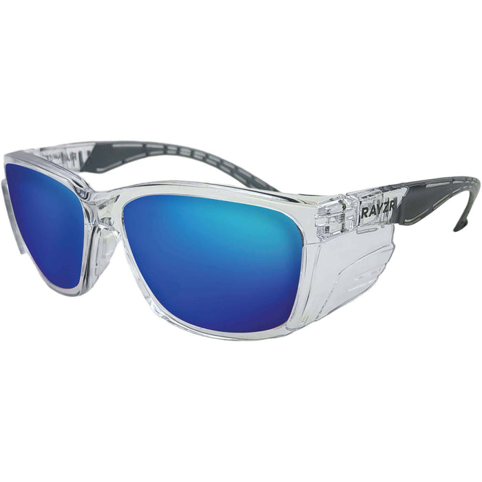 Maxisafe Rayzr Safety Glasses with microfibre bag - Clear Frame with Blue Mirror Lens - ERZ360