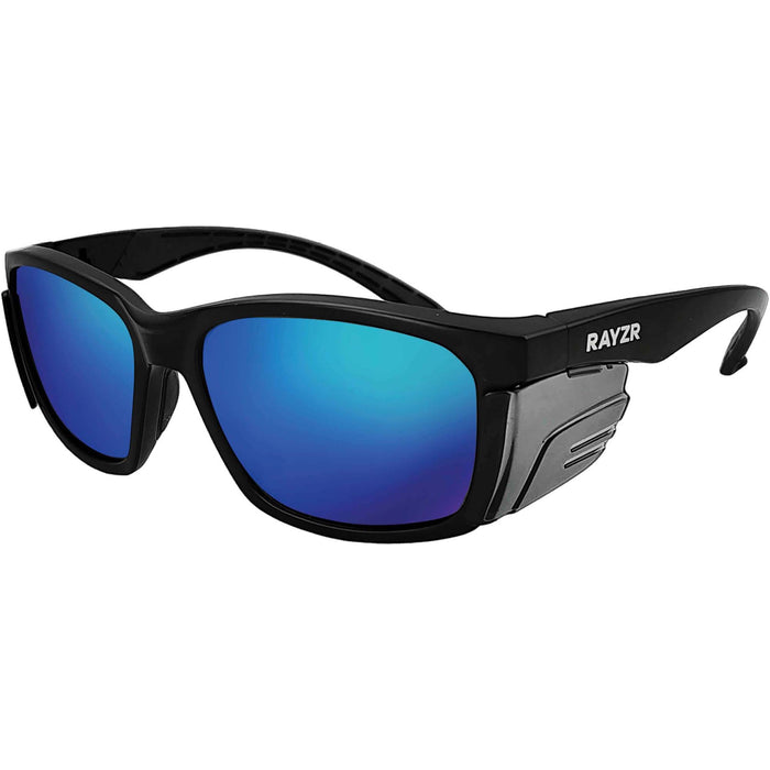 Maxisafe Rayzr Safety Glasses with microfibre bag - Black Frame with Blue Mirror Lens - ERZ361