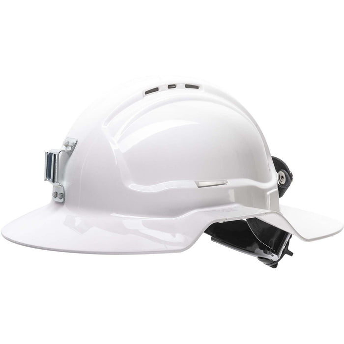 Maxisafe White Broadbrim hard hat w/ metal miners bracket & Ratchet Harness - HBB57RH-MLV-WH