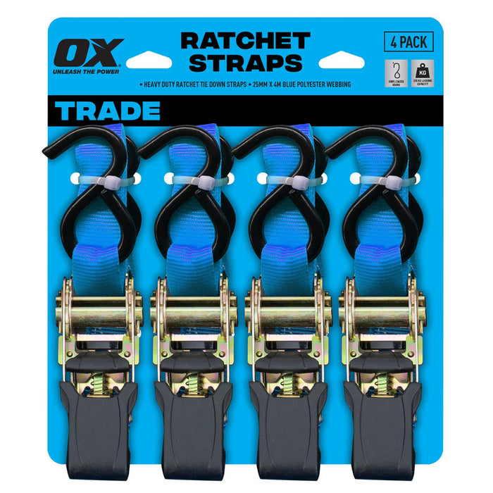 OX Trade Ratchet Tie Downs - 25mm Wide 250kgLC