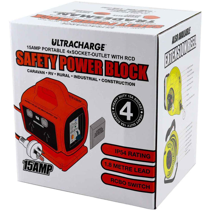 Ultracharge 15a 4 Way RCD Safety Power Block 15a Plug - UR115/4R